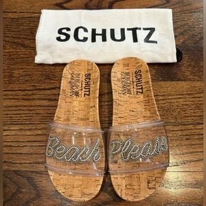 SCHUTZ Clear and Cork “Beach Please” Bling Slides Exclusive for Bergdorf Goodman